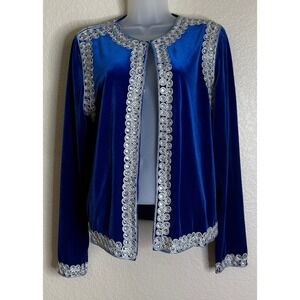 Victor Costa Occasion Womens M Jacket Blue Velvet Silver‎ Trim Rhinestone NEW